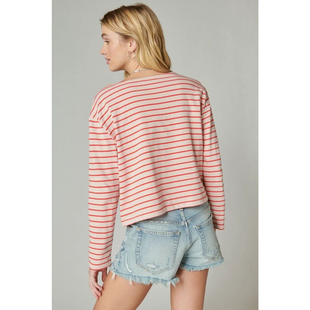 Lucky Brand Red & Pink Striped Boxy Fit Breton Long Sleeve Tee Size L - Picture 3 of 12